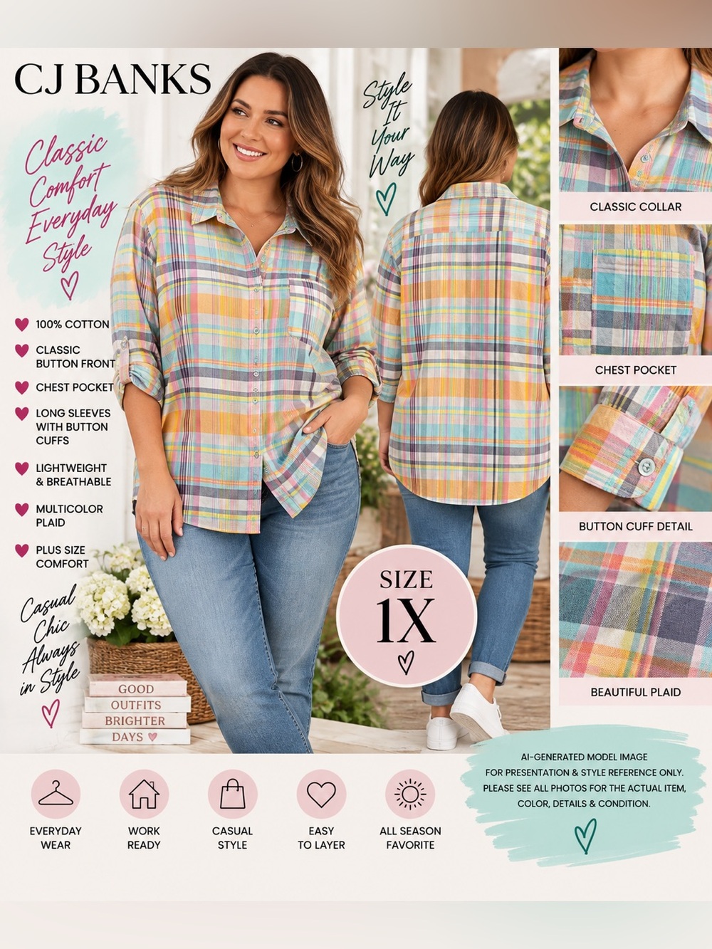 CJ Banks Pastel Madras Plaid 100% Cotton Button Down Shirt 1X